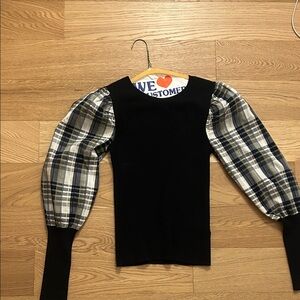Veronica Beard Black Knit Top with Plaid Puff Sleeves